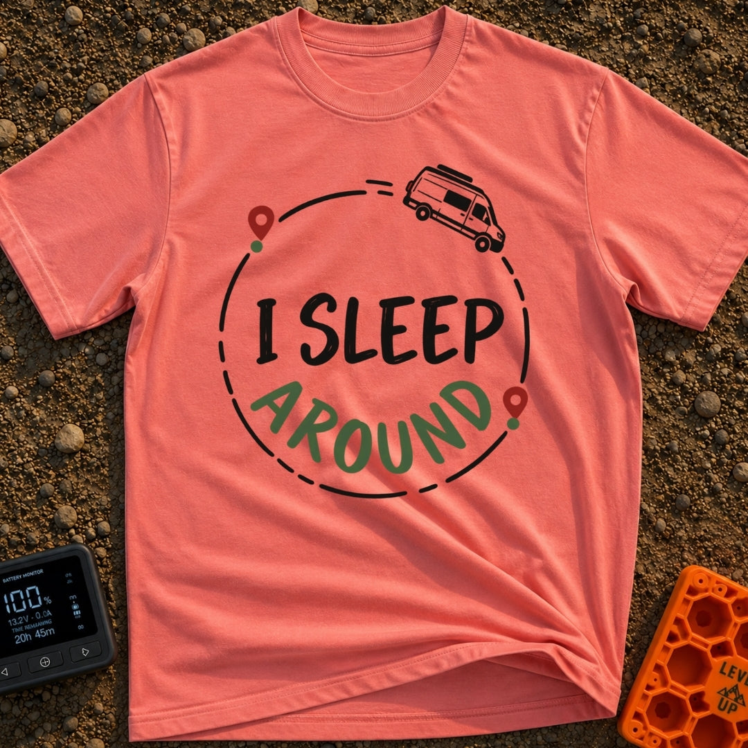 I Sleep Around - T-Shirt in Watermelon - A white camper van driving along a circular dashed line with two map location...