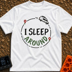 I Sleep Around - T-Shirt in White - A white camper van driving along a circular dashed line with two map location pins,...