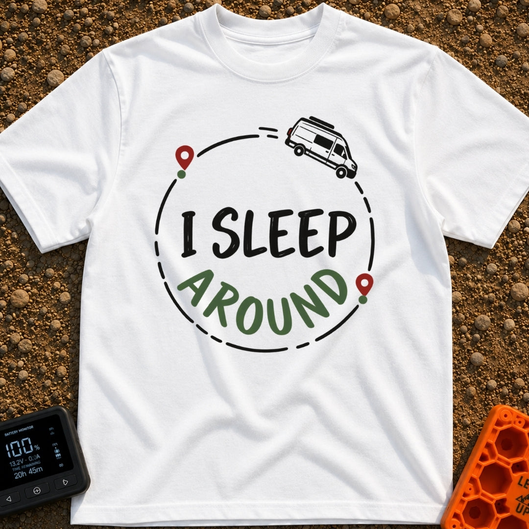 I Sleep Around - T-Shirt in White - A white camper van driving along a circular dashed line with two map location pins,...