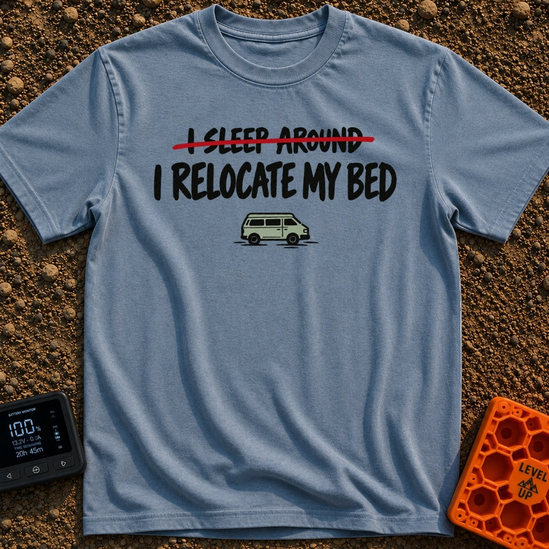 I Sleep Around - T-Shirt in Blue Jean - The design features the text "I SLEEP AROUND" crossed out by a red line, followed...