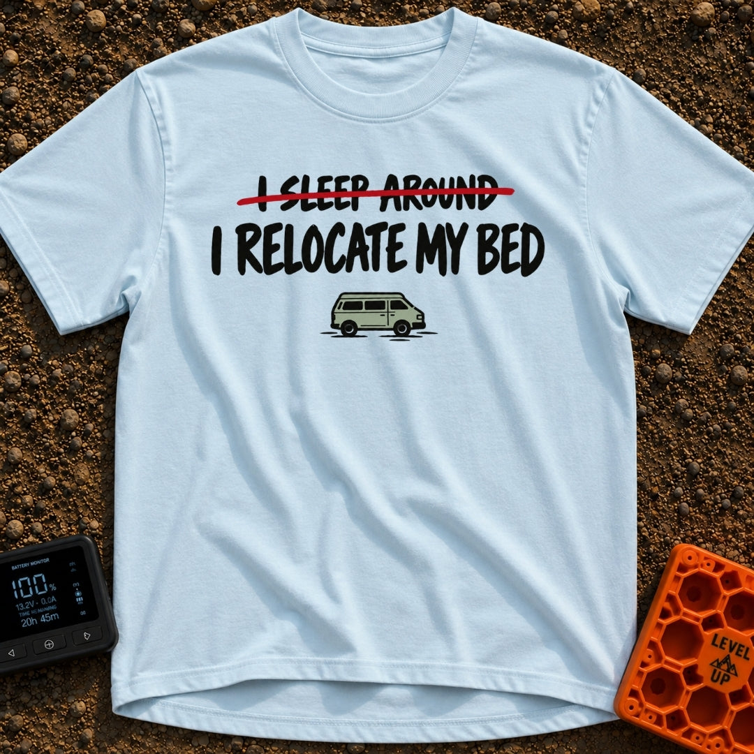 I Sleep Around - T-Shirt in Chambray - The design features the text "I SLEEP AROUND" crossed out by a red line, followed...