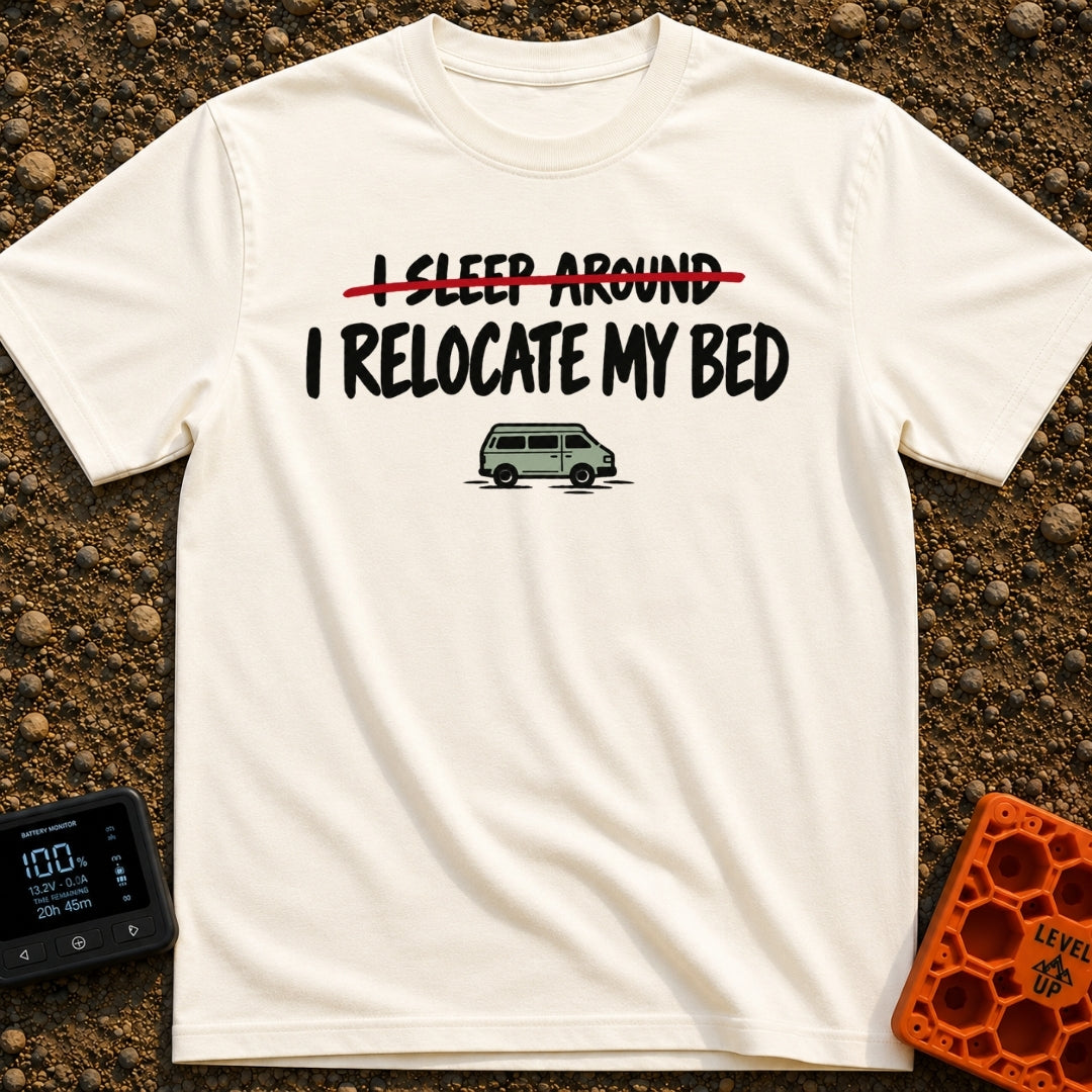 I Sleep Around - T-Shirt in Ivory - The design features the text "I SLEEP AROUND" crossed out by a red line, followed by...