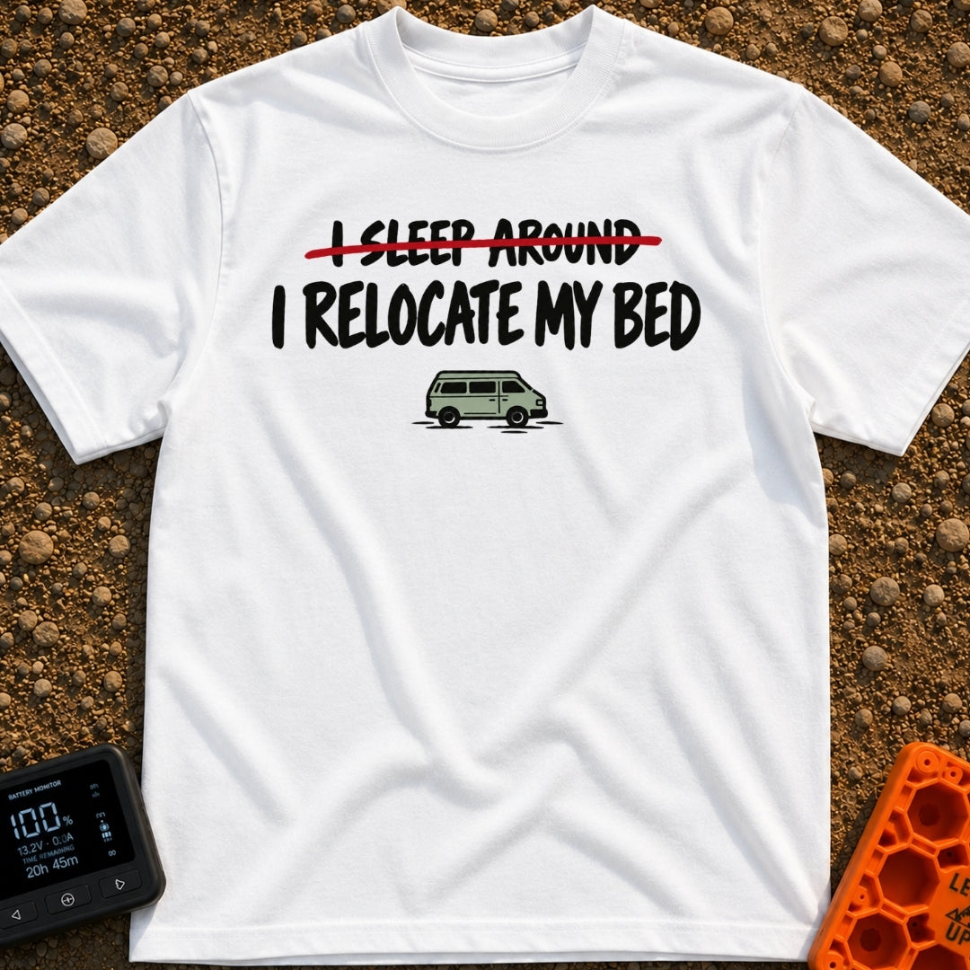 I Sleep Around - T-Shirt in White - The design features the text "I SLEEP AROUND" crossed out by a red line, followed by...