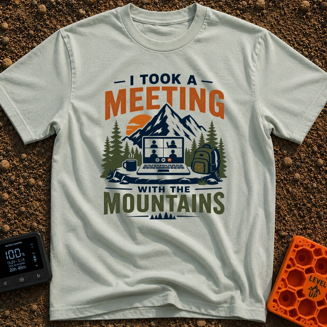 Meeting With The Mountains - T-Shirt in Bay - A graphic design showing an open laptop displaying a four-person video...