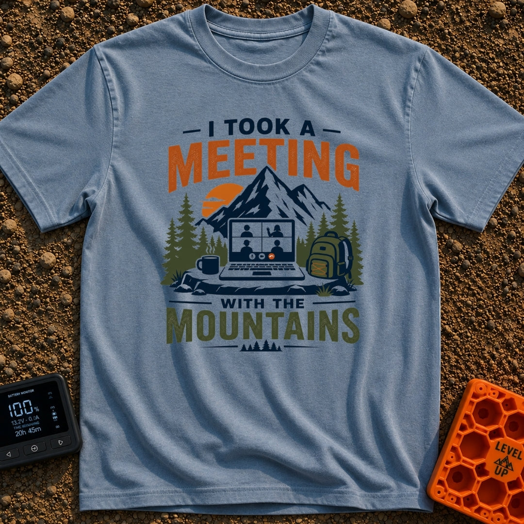 Meeting With The Mountains - T-Shirt in Blue Jean - A graphic design showing an open laptop displaying a four-person...