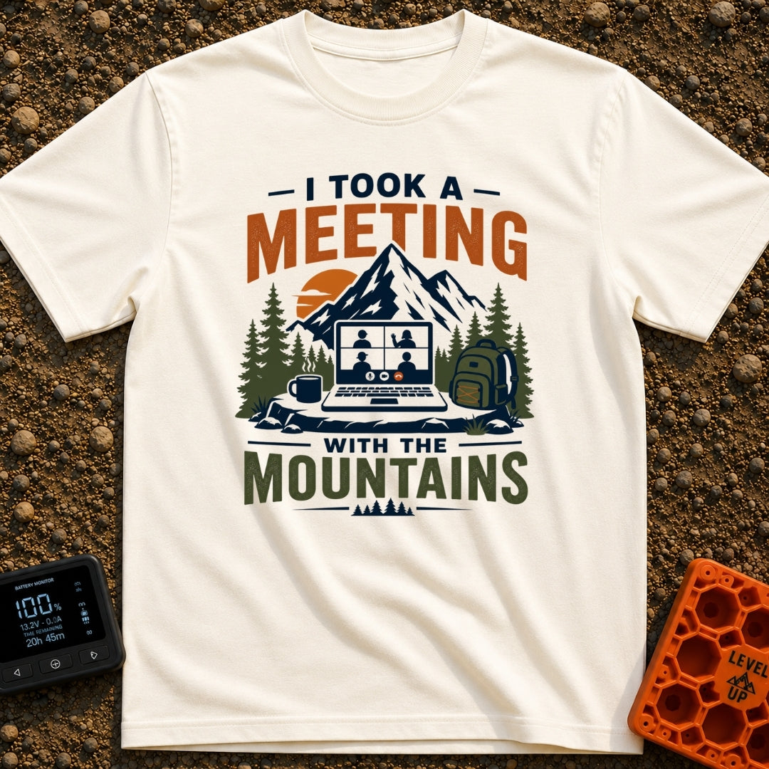 Meeting With The Mountains - T-Shirt in Ivory - A graphic design showing an open laptop displaying a four-person video...