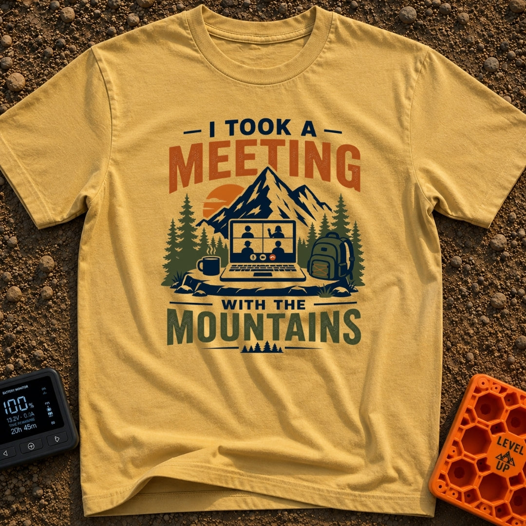 Meeting With The Mountains - T-Shirt in Mustard - A graphic design showing an open laptop displaying a four-person video...