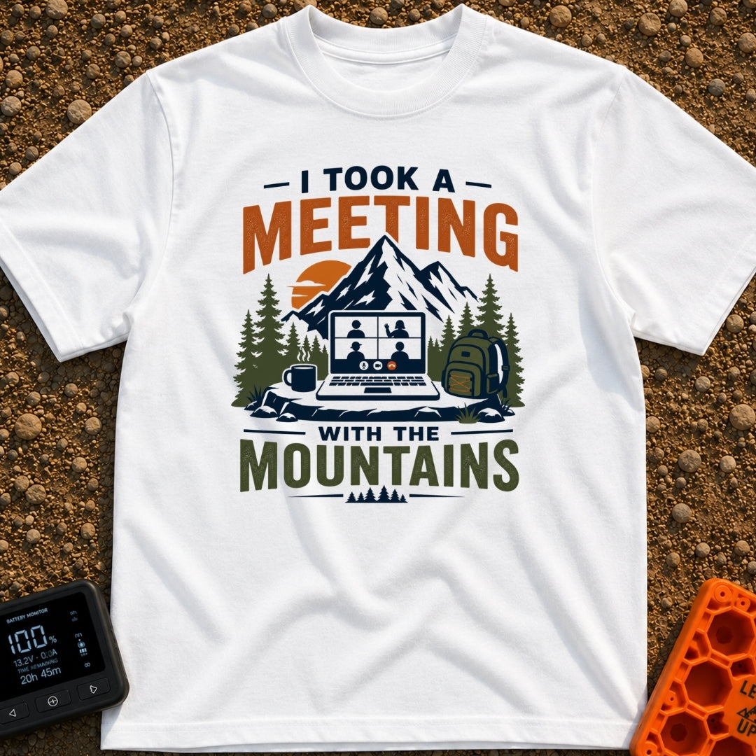 Meeting With The Mountains - T-Shirt in White - A graphic design showing an open laptop displaying a four-person video...
