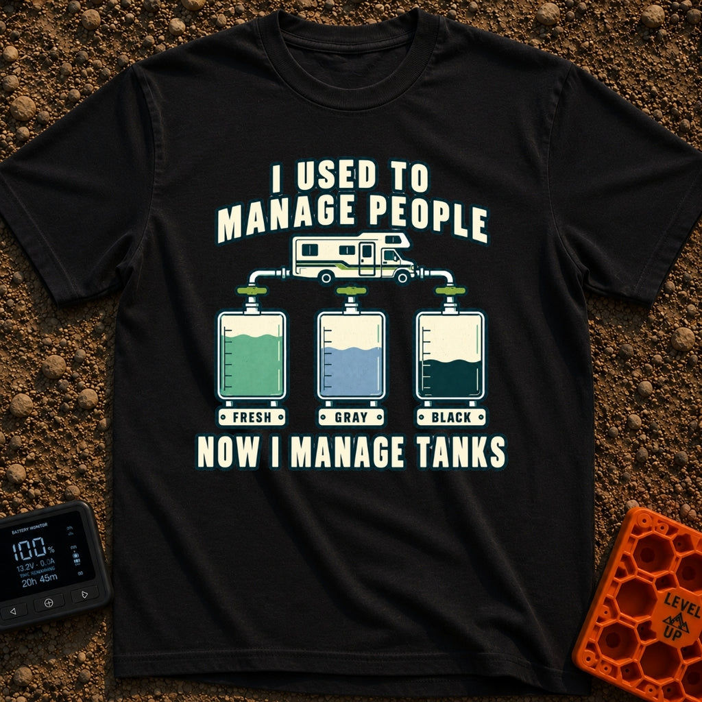 I Managed To Escape - T-Shirt in Black - An illustration of a Class C motorhome connected by pipes to three...