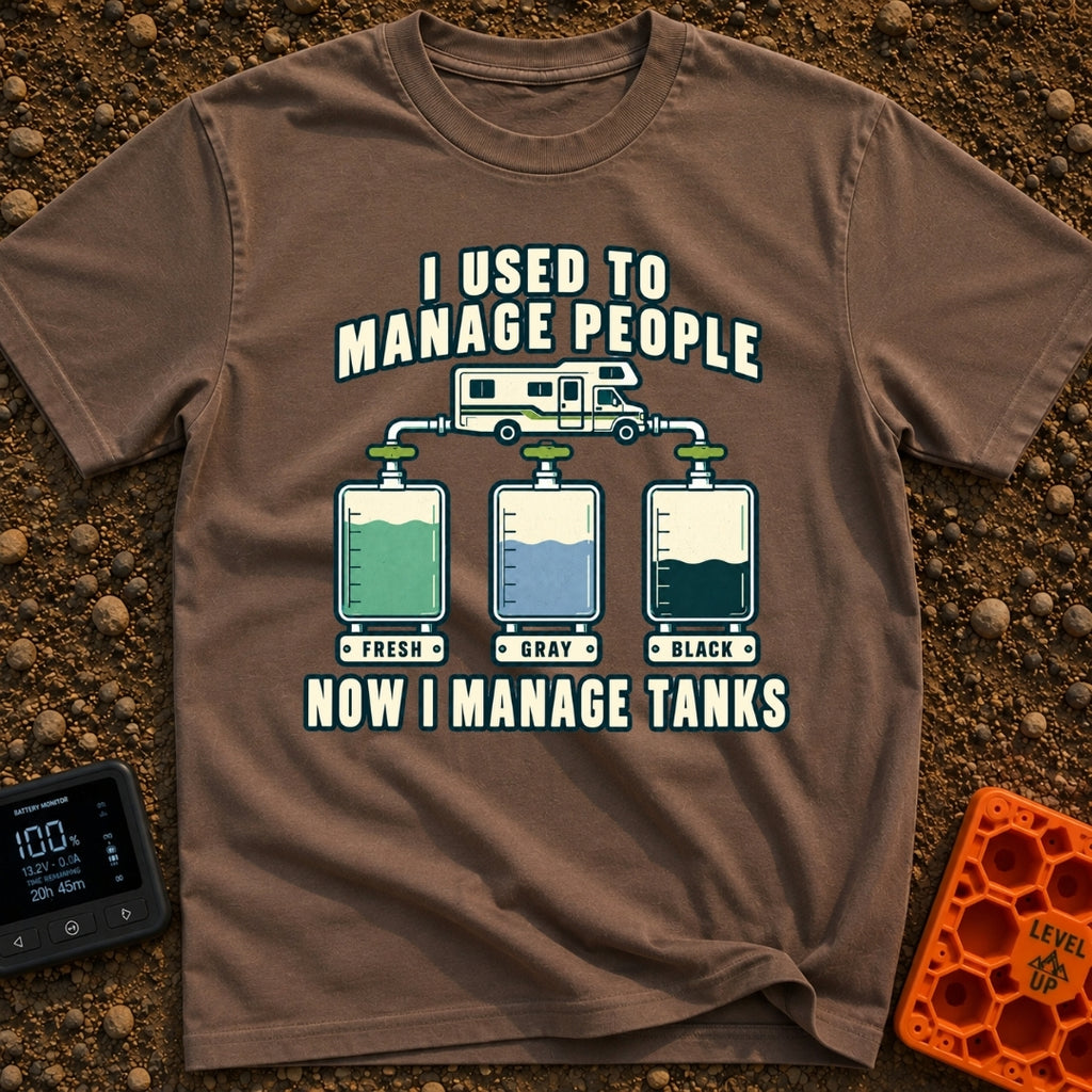 I Managed To Escape - T-Shirt in Espresso - An illustration of a Class C motorhome connected by pipes to three...