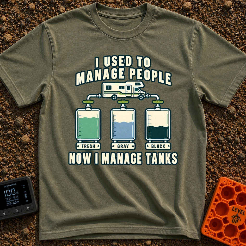 I Managed To Escape - T-Shirt in Moss - An illustration of a Class C motorhome connected by pipes to three...