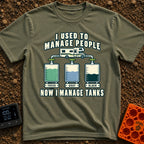 I Managed To Escape - T-Shirt in Moss - An illustration of a Class C motorhome connected by pipes to three...