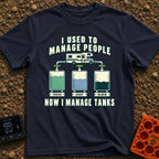 I Managed To Escape - T-Shirt in Navy - An illustration of a Class C motorhome connected by pipes to three...