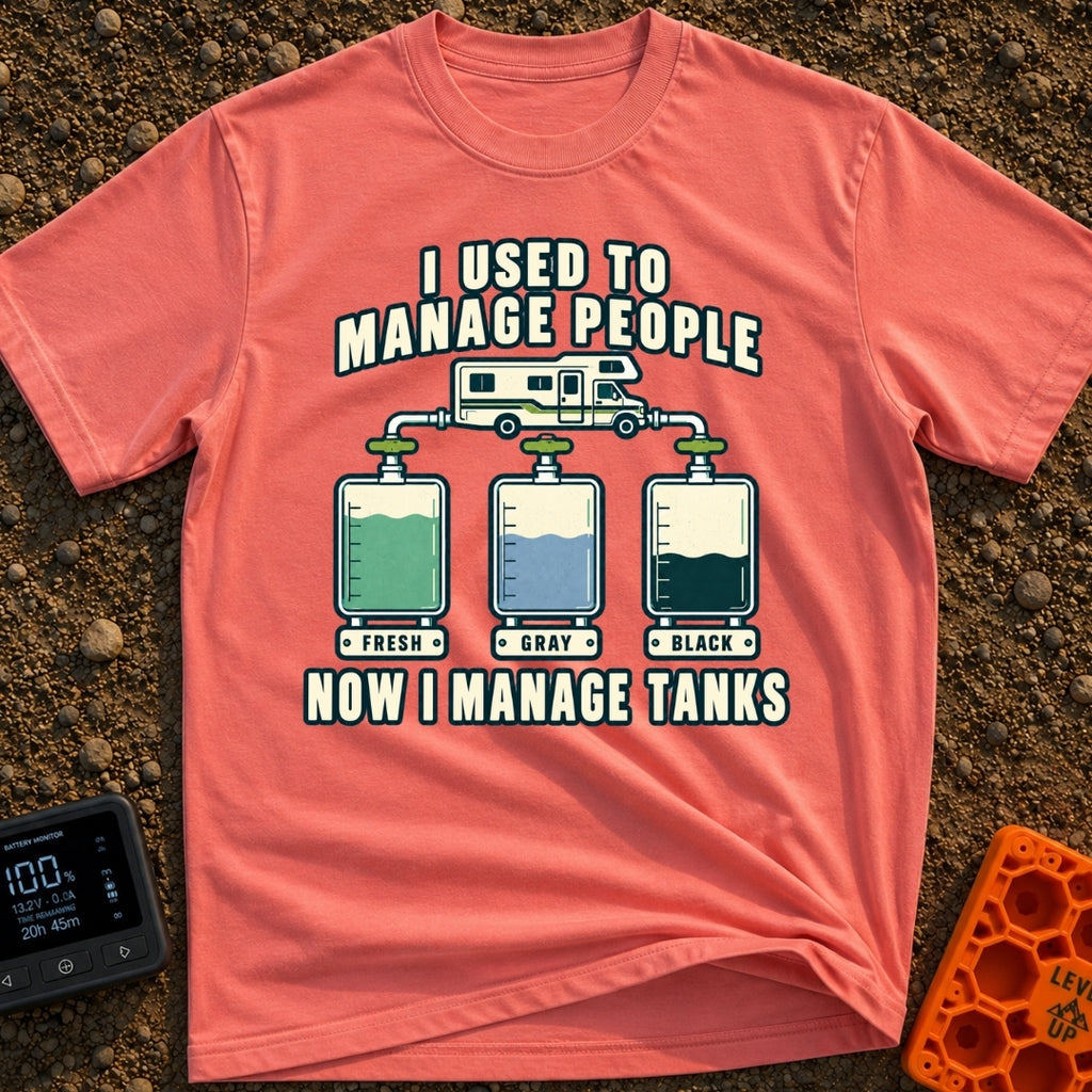 I Managed To Escape - T-Shirt in Watermelon - An illustration of a Class C motorhome connected by pipes to three...