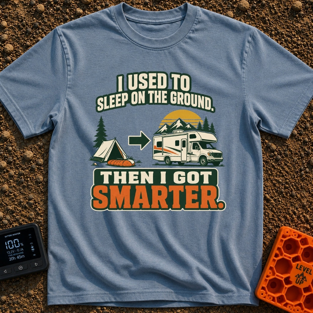 Retired From The Ground - T-Shirt in Blue Jean - A graphic illustrating an evolution, showing a traditional A-frame tent...