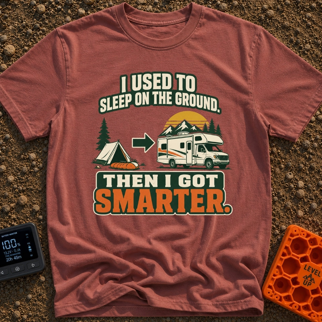 Retired From The Ground - T-Shirt in Brick - A graphic illustrating an evolution, showing a traditional A-frame tent and...