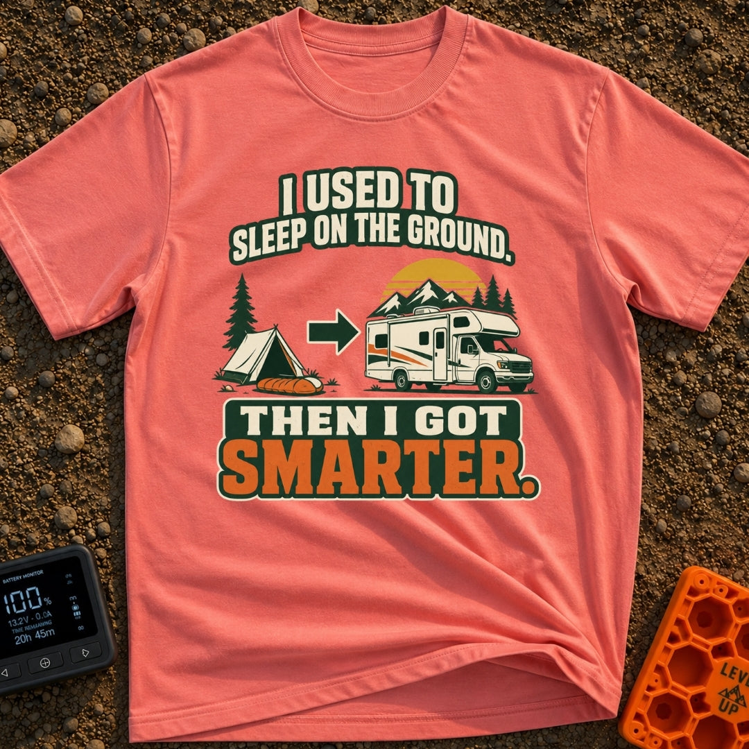 Retired From The Ground - T-Shirt in Watermelon - A graphic illustrating an evolution, showing a traditional A-frame tent...