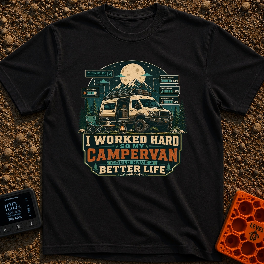 Van Life Goals - T-Shirt in Black - A detailed illustration of a rugged campervan parked at night with the sliding door...
