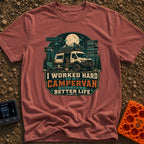 Van Life Goals - T-Shirt in Brick - A detailed illustration of a rugged campervan parked at night with the sliding door...