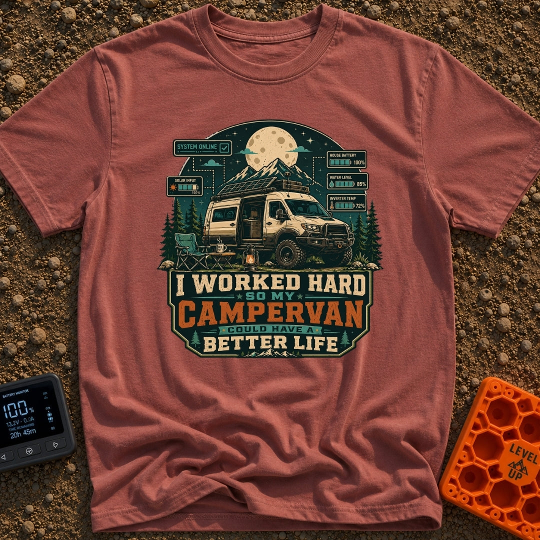 Van Life Goals - T-Shirt in Brick - A detailed illustration of a rugged campervan parked at night with the sliding door...