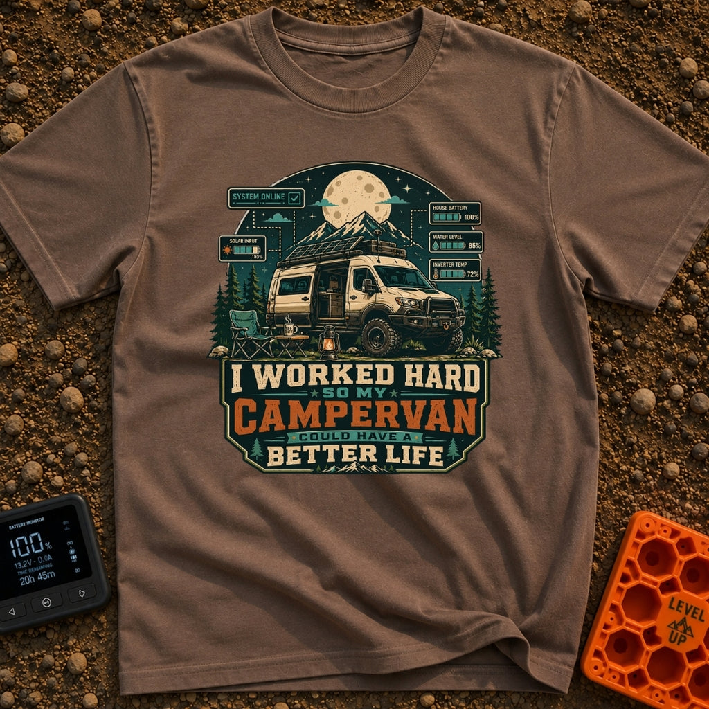 Van Life Goals - T-Shirt in Espresso - A detailed illustration of a rugged campervan parked at night with the sliding...