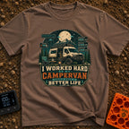 Van Life Goals - T-Shirt in Espresso - A detailed illustration of a rugged campervan parked at night with the sliding...