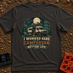 Van Life Goals - T-Shirt in Graphite - A detailed illustration of a rugged campervan parked at night with the sliding...