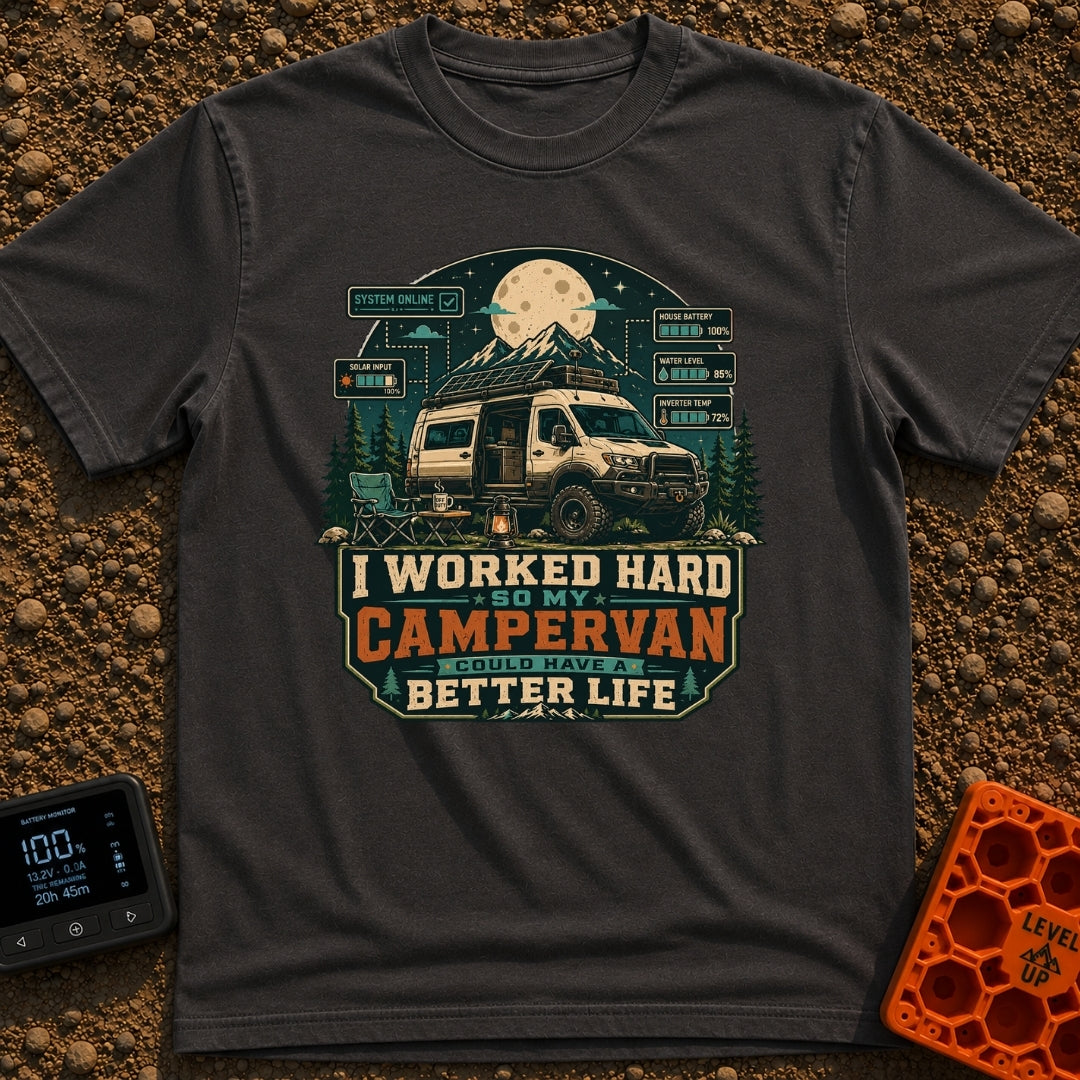 Van Life Goals - T-Shirt in Graphite - A detailed illustration of a rugged campervan parked at night with the sliding...