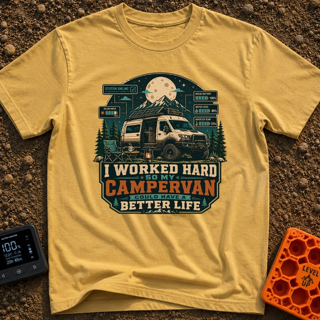 Van Life Goals - T-Shirt in Mustard - A detailed illustration of a rugged campervan parked at night with the sliding door...