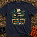 Van Life Goals - T-Shirt in Navy - A detailed illustration of a rugged campervan parked at night with the sliding door...