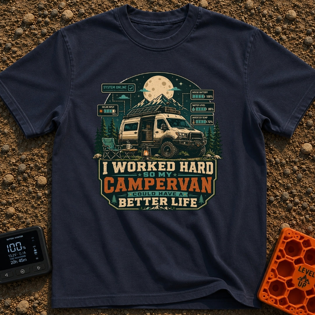 Van Life Goals - T-Shirt in Navy - A detailed illustration of a rugged campervan parked at night with the sliding door...