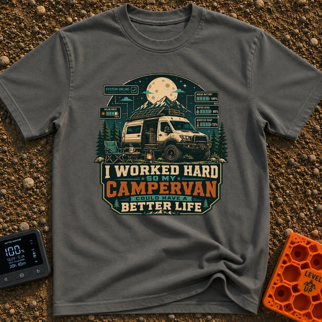 Van Life Goals - T-Shirt in Pepper - A detailed illustration of a rugged campervan parked at night with the sliding door...