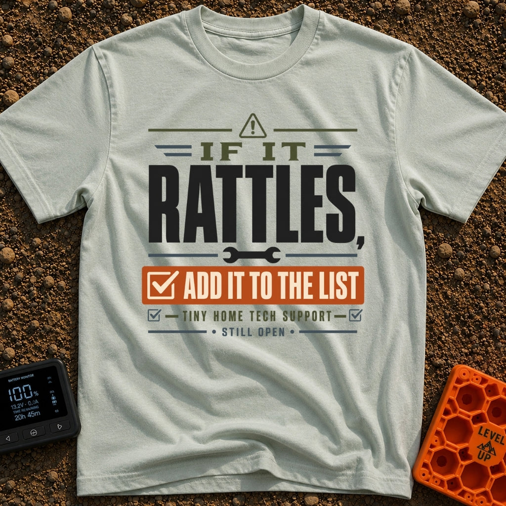 The Rattle List - T-Shirt in Bay - A text-based design reading "IF IT RATTLES, ADD IT TO THE LIST" and "TINY HOME TECH...