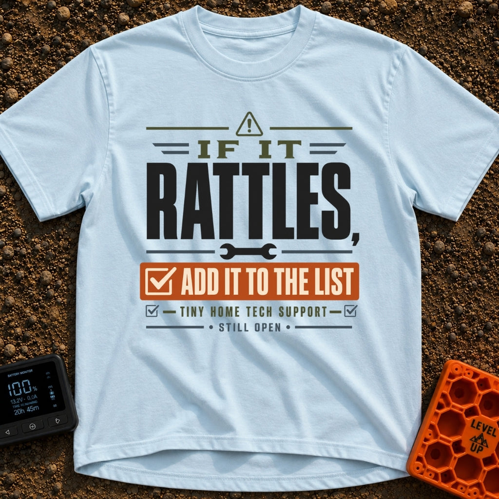 The Rattle List - T-Shirt in Chambray - A text-based design reading "IF IT RATTLES, ADD IT TO THE LIST" and "TINY HOME...