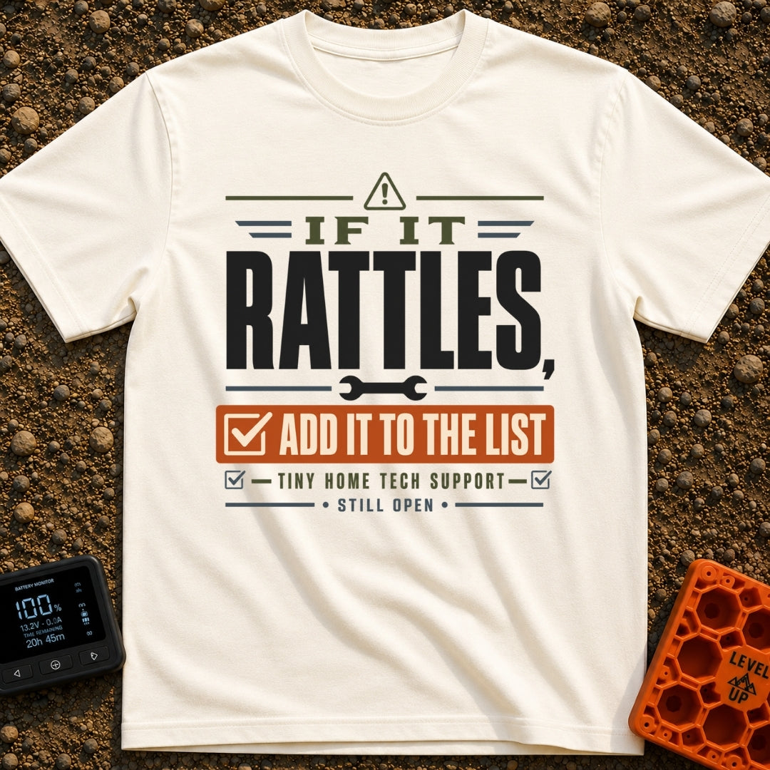 The Rattle List - T-Shirt in Ivory - A text-based design reading "IF IT RATTLES, ADD IT TO THE LIST" and "TINY HOME TECH...