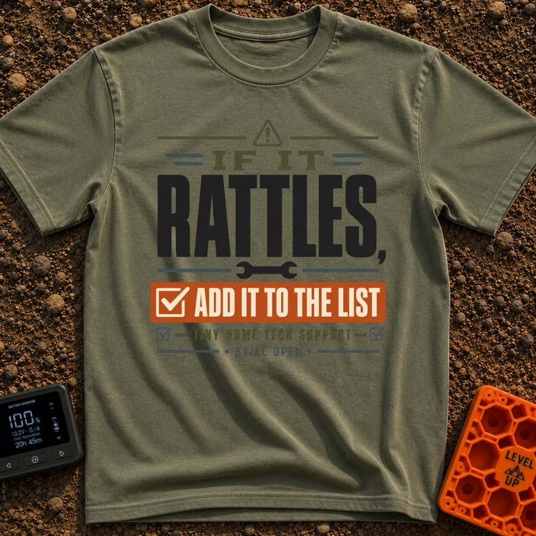 The Rattle List - T-Shirt in Moss - A text-based design reading "IF IT RATTLES, ADD IT TO THE LIST" and "TINY HOME TECH...