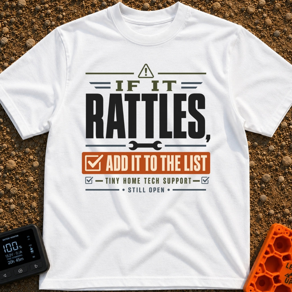 The Rattle List - T-Shirt in White - A text-based design reading "IF IT RATTLES, ADD IT TO THE LIST" and "TINY HOME TECH...