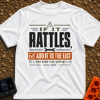 The Rattle List - T-Shirt in White - A text-based design reading "IF IT RATTLES, ADD IT TO THE LIST" and "TINY HOME TECH...