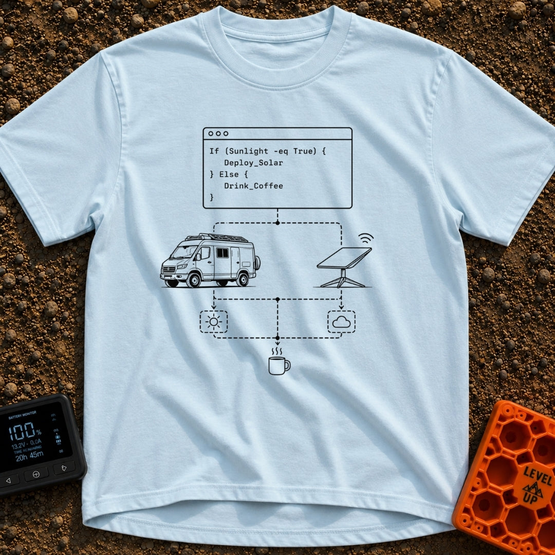 If Sunny Then Solar - T-Shirt in Chambray - A black and white line-art illustration showing a programming flowchart that...