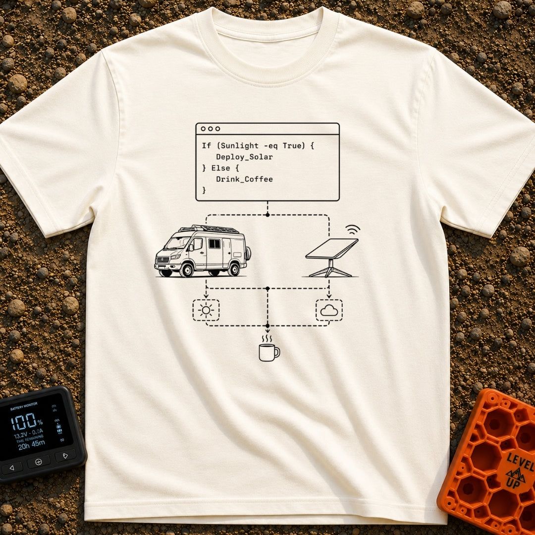 If Sunny Then Solar - T-Shirt in Ivory - A black and white line-art illustration showing a programming flowchart that...