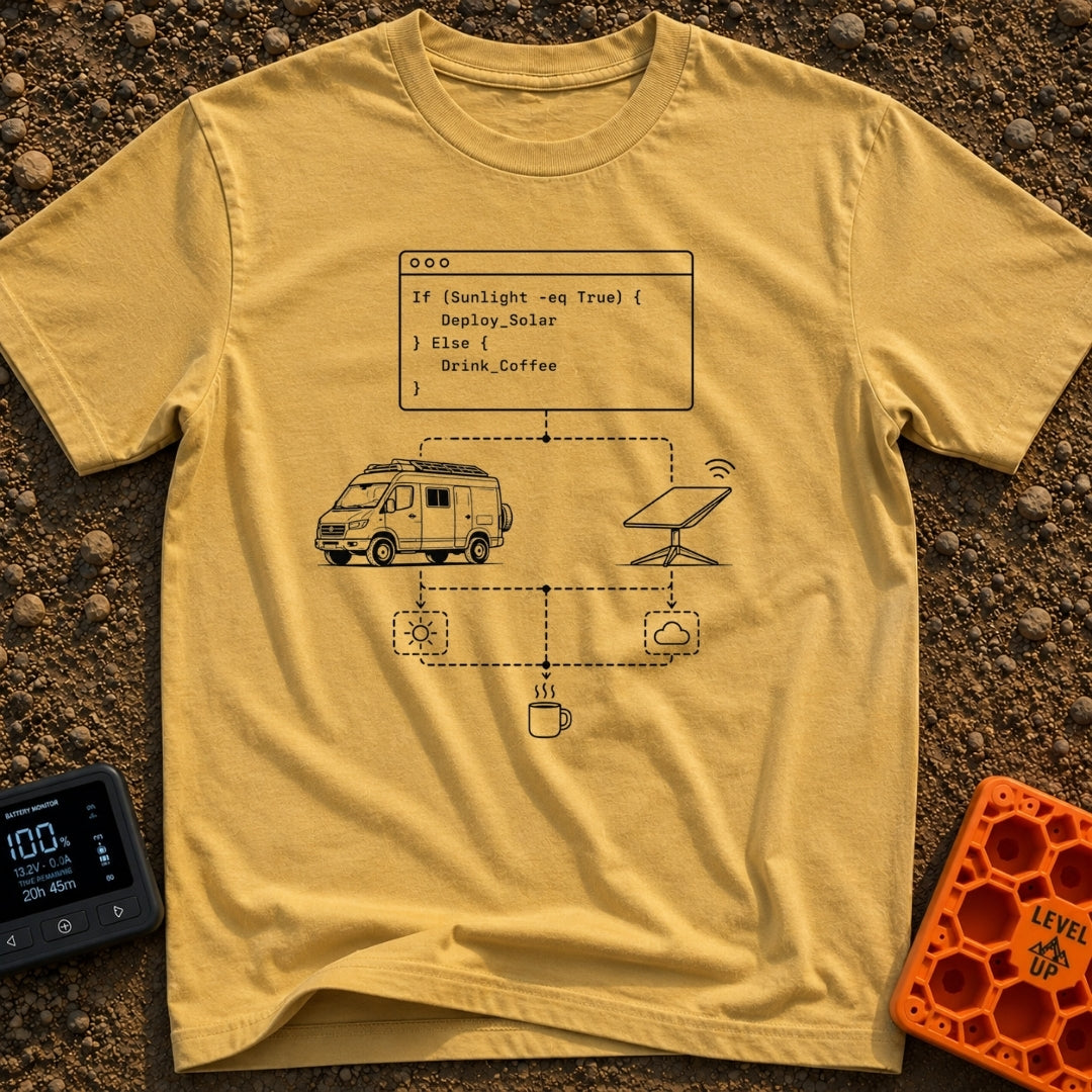 If Sunny Then Solar - T-Shirt in Mustard - A black and white line-art illustration showing a programming flowchart that...