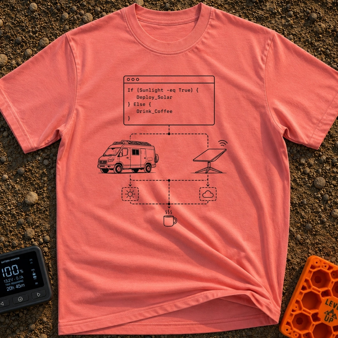 If Sunny Then Solar - T-Shirt in Watermelon - A black and white line-art illustration showing a programming flowchart...