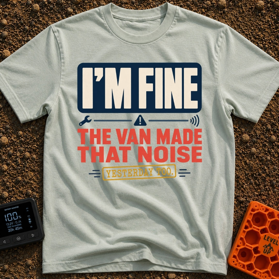 It Did That Yesterday - T-Shirt in Bay - A typographic design reading "I'M FINE" in a dark blue box, followed by icons of...