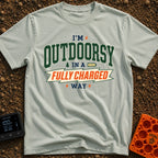 Outdoorsy And Fully Charged - T-Shirt in Bay - A text-based design reading "I'M OUTDOORSY IN A FULLY CHARGED WAY",...