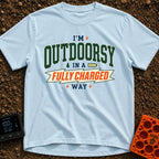 Outdoorsy And Fully Charged - T-Shirt in Chambray - A text-based design reading "I'M OUTDOORSY IN A FULLY CHARGED WAY",...