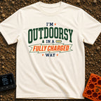 Outdoorsy And Fully Charged - T-Shirt in Ivory - A text-based design reading "I'M OUTDOORSY IN A FULLY CHARGED WAY",...