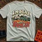 Sexy And I Tow - T-Shirt in Bay - A retro-style illustration of a green pickup truck towing a large fifth-wheel camper...