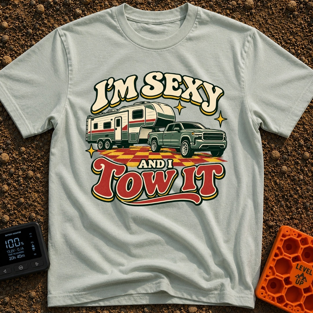 Sexy And I Tow - T-Shirt in Bay - A retro-style illustration of a green pickup truck towing a large fifth-wheel camper...