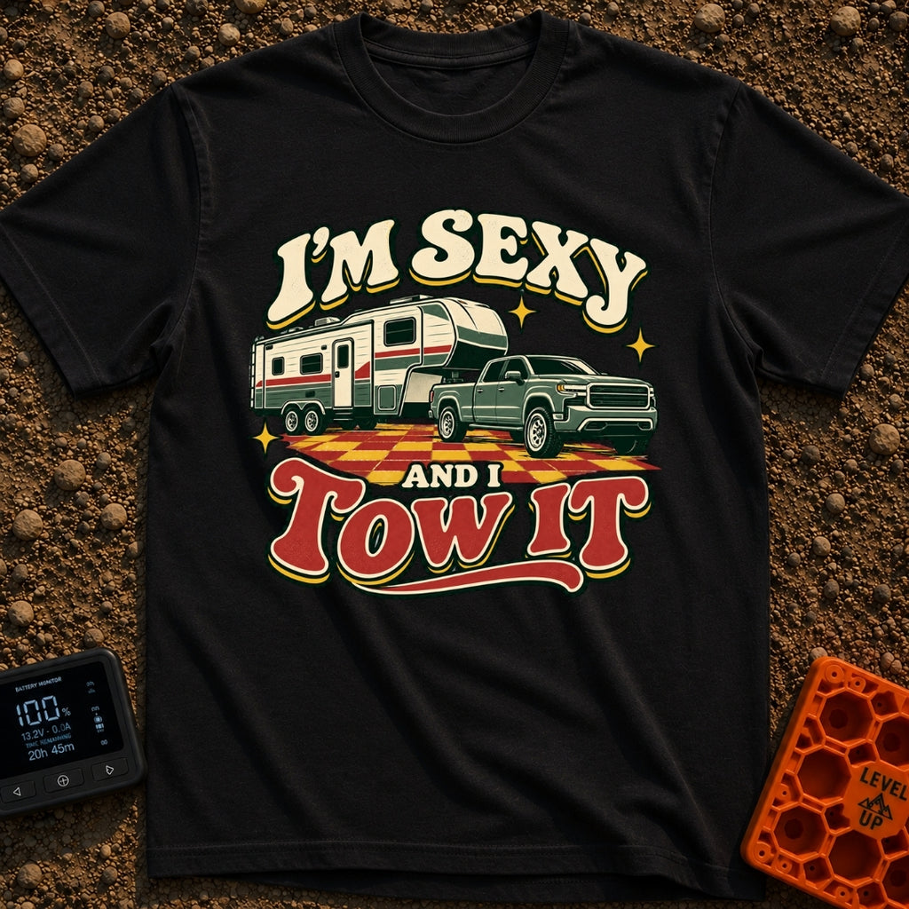 Sexy And I Tow - T-Shirt in Black - A retro-style illustration of a green pickup truck towing a large fifth-wheel camper...