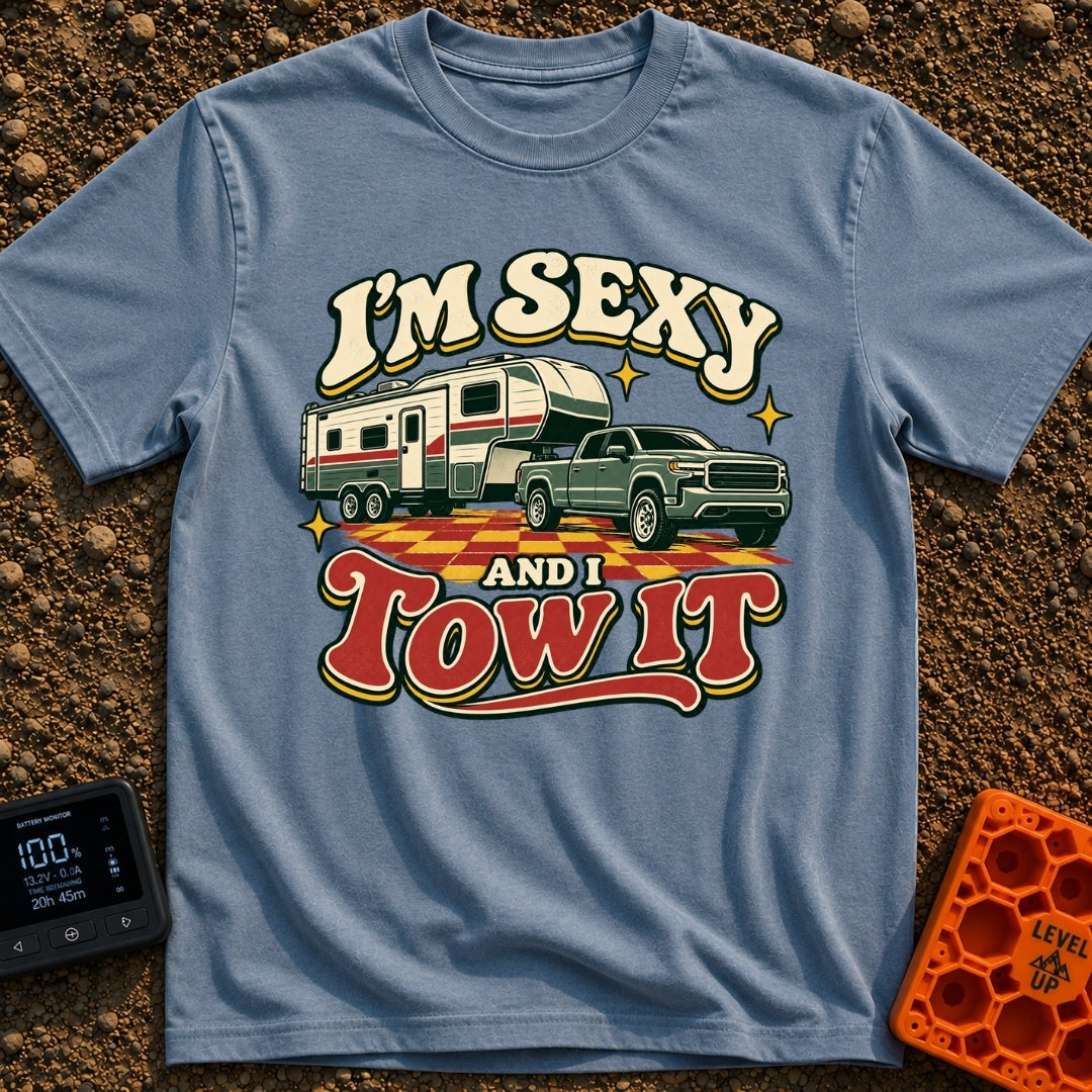 Sexy And I Tow - T-Shirt in Blue Jean - A retro-style illustration of a green pickup truck towing a large fifth-wheel...